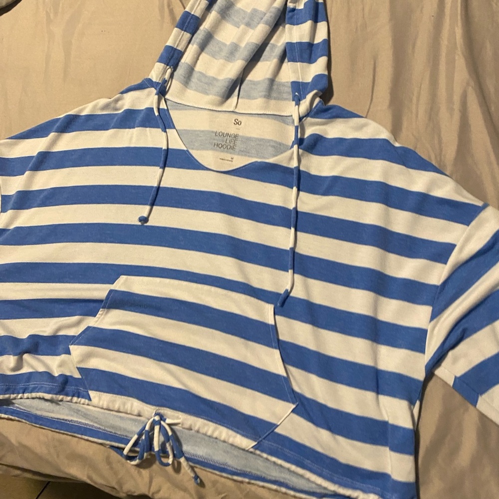 Blue and White Striped Cropped Hoodie
